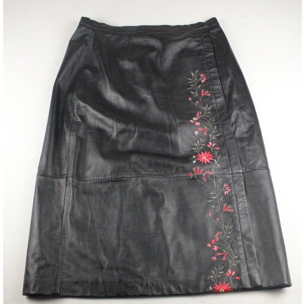 Black Leather Midi Skirt Embroidered Floral Womens XL Whimsigoth Y2K Goth